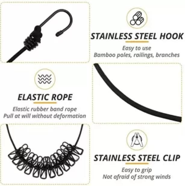 Heavy Duty Cloth Drying Rope with Hooks – Adjustable Laundry Line